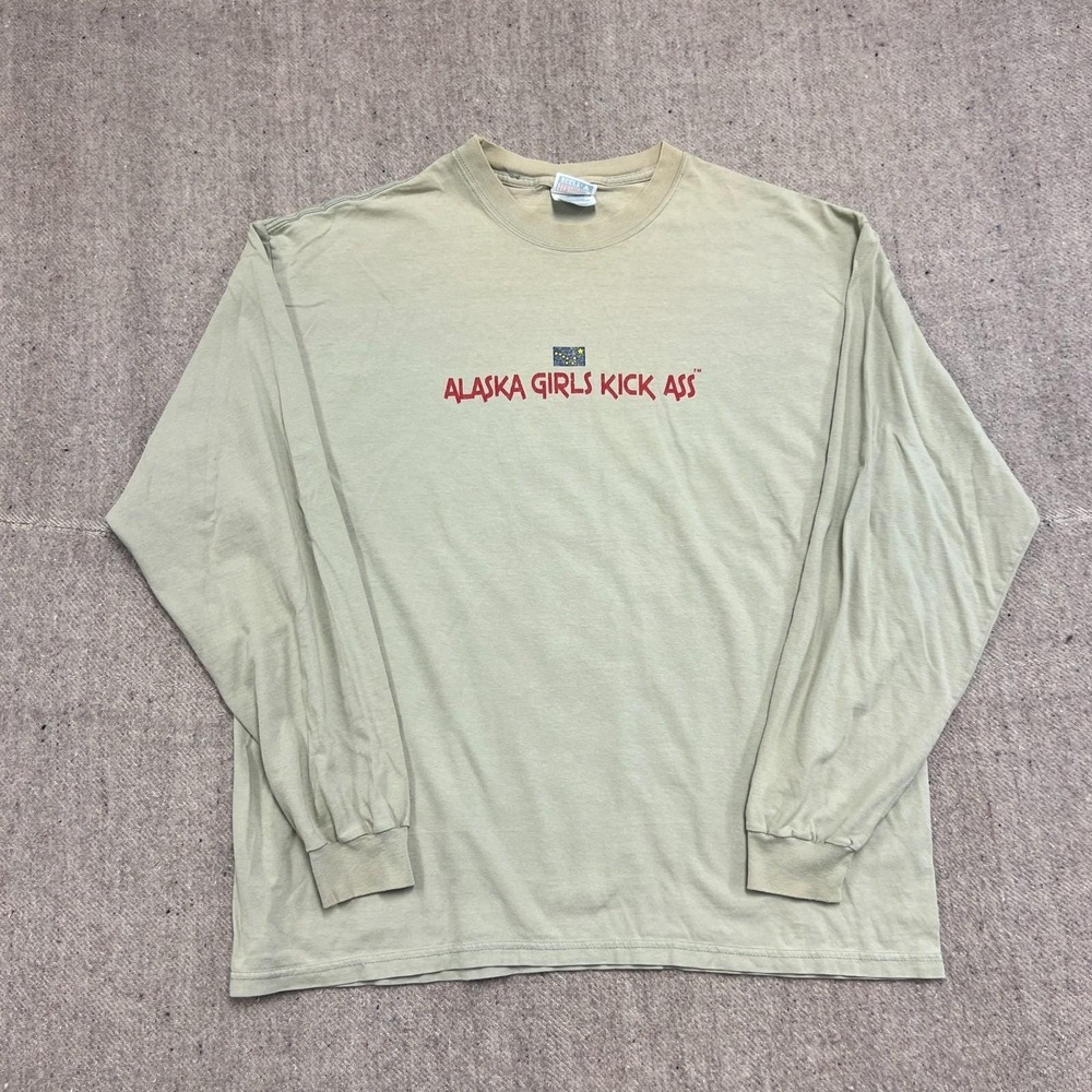 Vintage Alaska Girls Kick Ass Shirt Mens XL Beige 1990s Long Sleeve USA